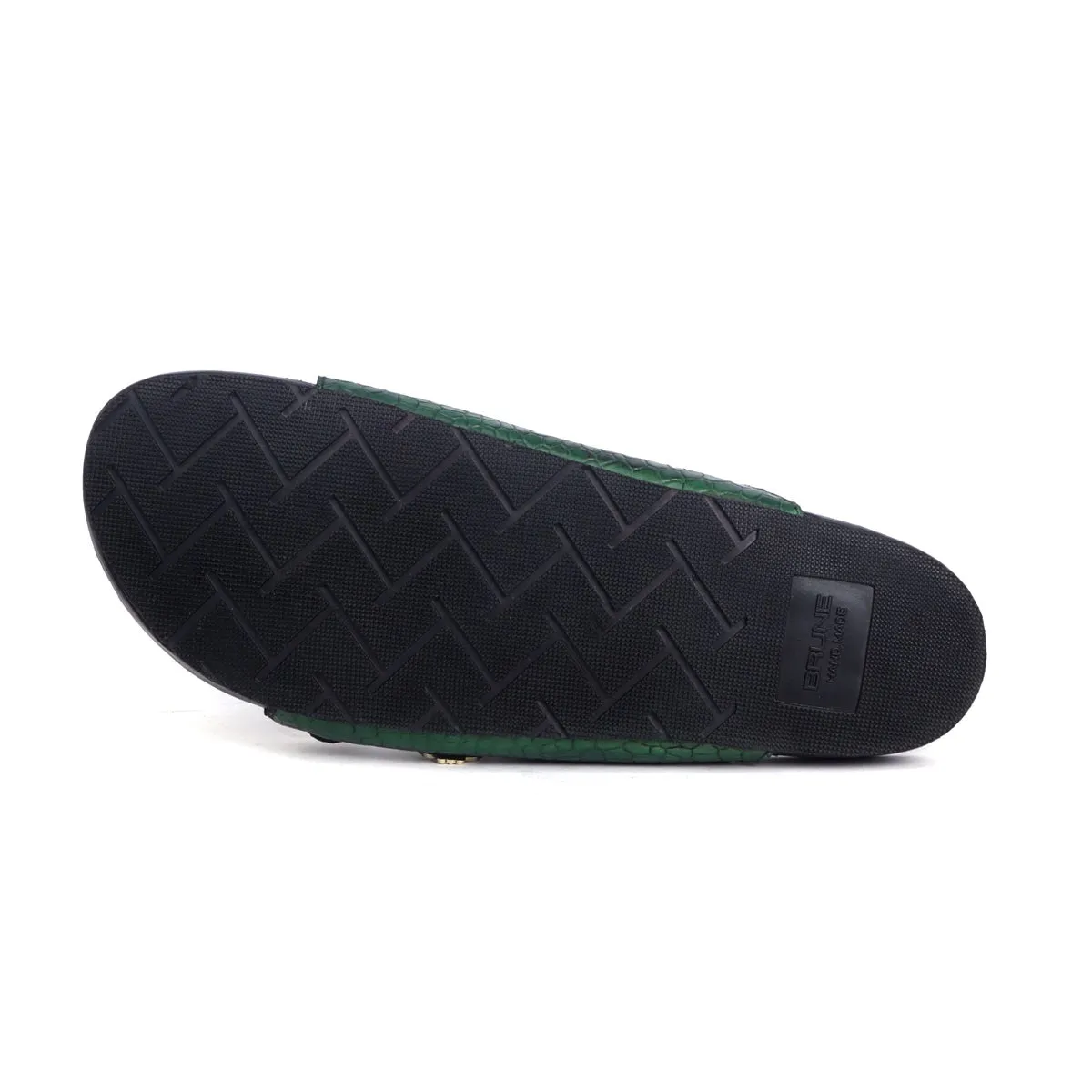 Adjustable Buckle Slide-in Slipper in Green Deep Cut Leather