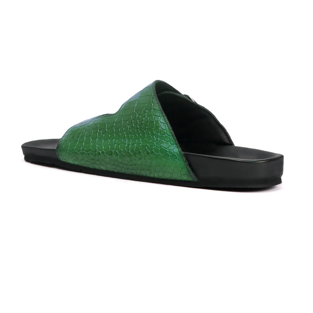 Adjustable Buckle Slide-in Slipper in Green Deep Cut Leather
