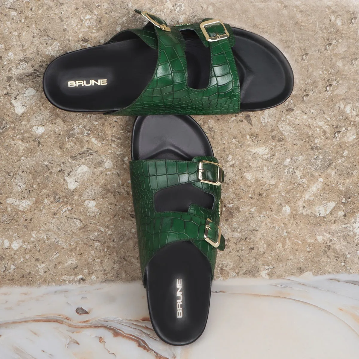 Adjustable Buckle Slide-in Slipper in Green Deep Cut Leather