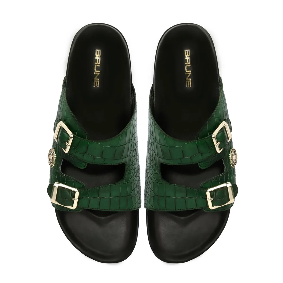 Adjustable Buckle Slide-in Slipper in Green Deep Cut Leather