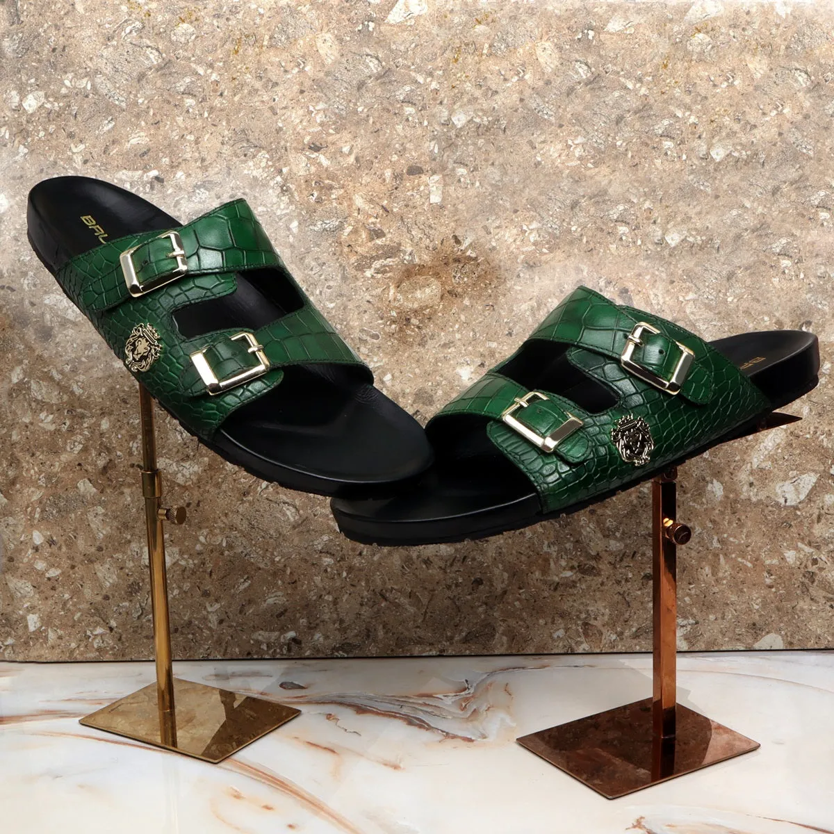 Adjustable Buckle Slide-in Slipper in Green Deep Cut Leather
