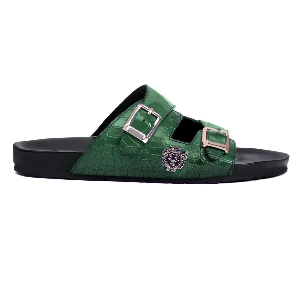 Adjustable Buckle Slide-in Slipper in Green Deep Cut Leather