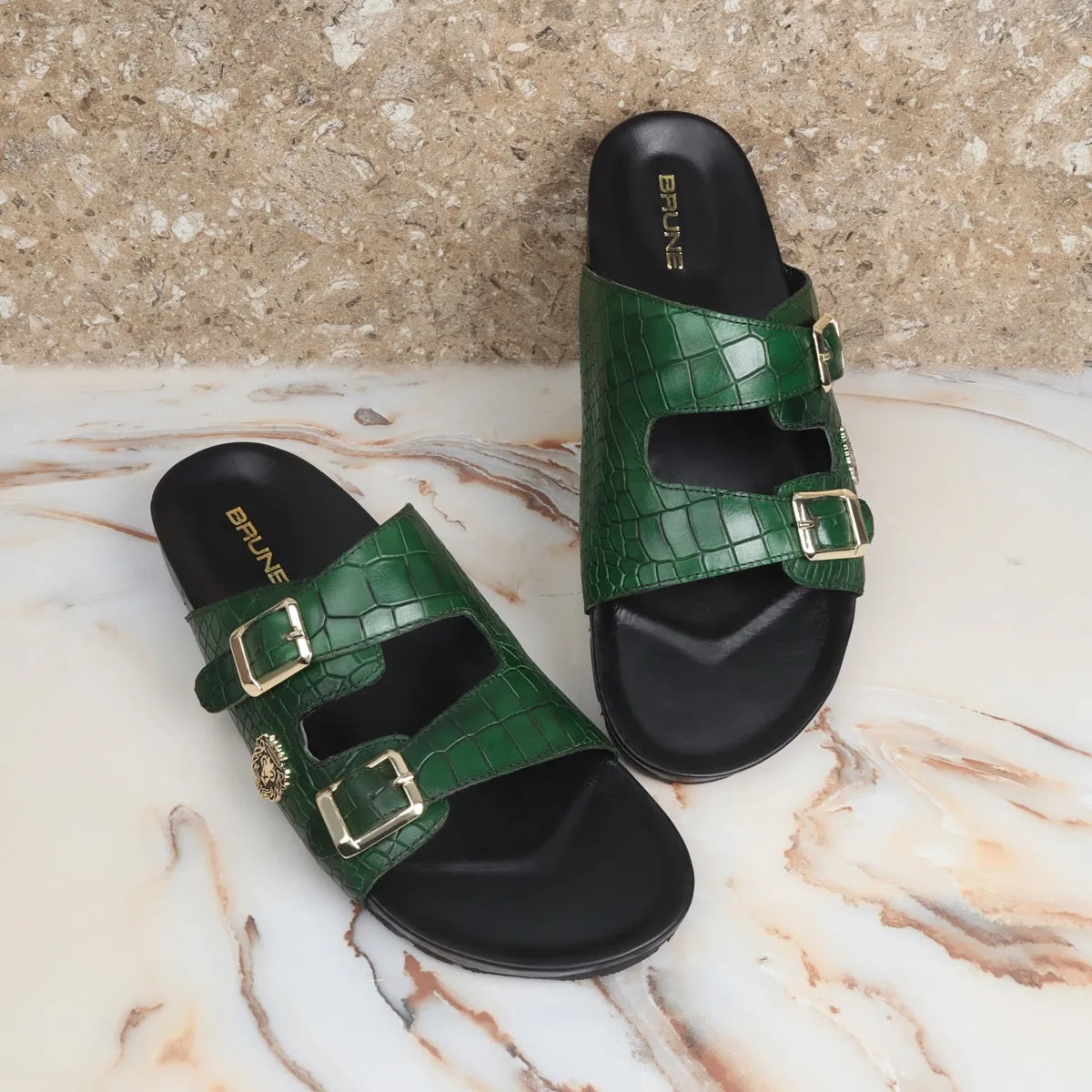 Adjustable Buckle Slide-in Slipper in Green Deep Cut Leather