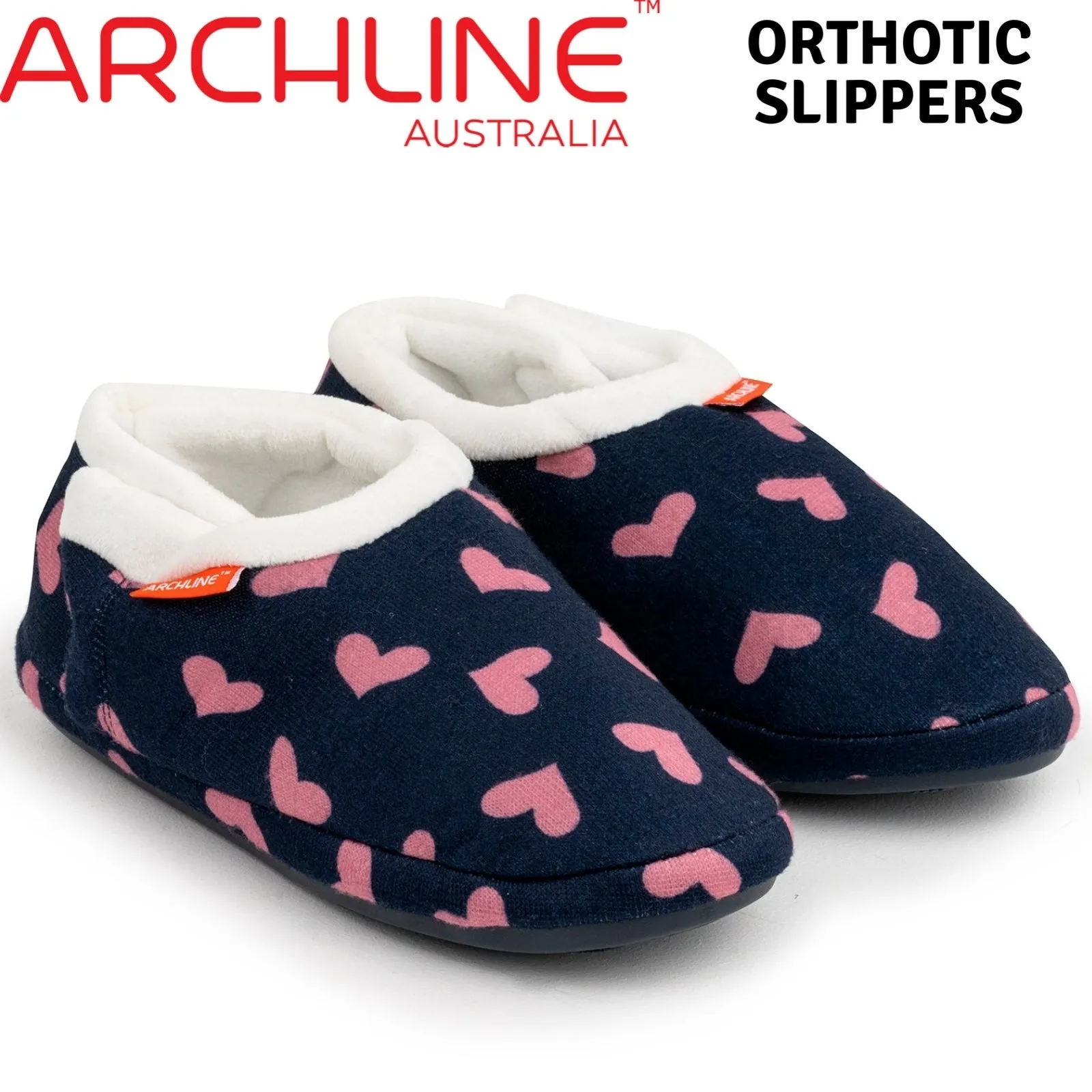 ARCHLINE Orthotic Slippers CLOSED Arch Scuffs Moccasins Pain Relief in Navy Hearts - EUR39