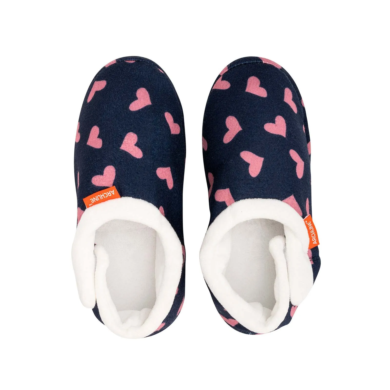ARCHLINE Orthotic Slippers CLOSED Arch Scuffs Moccasins Pain Relief in Navy Hearts - EUR39