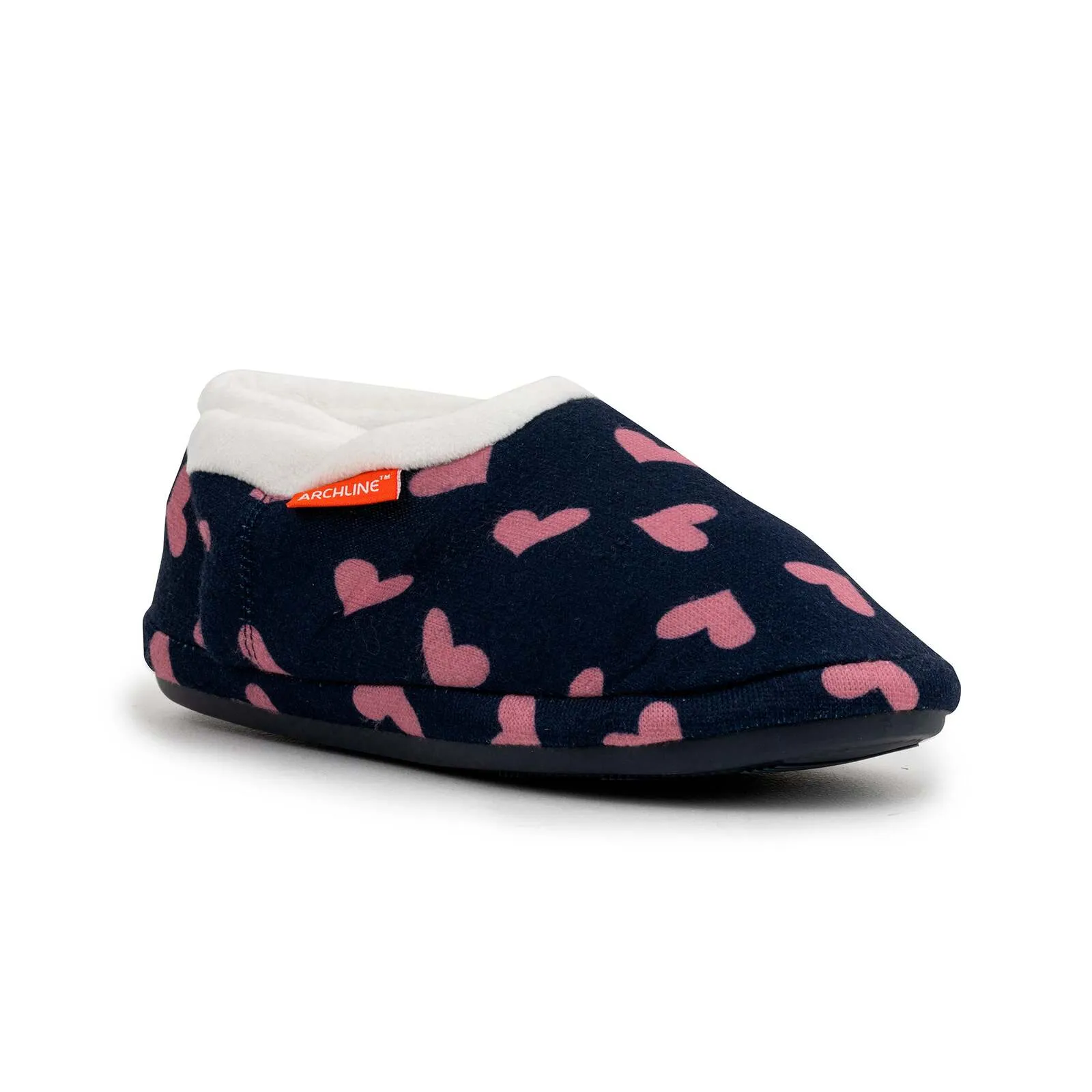 ARCHLINE Orthotic Slippers CLOSED Arch Scuffs Moccasins Pain Relief in Navy Hearts - EUR39