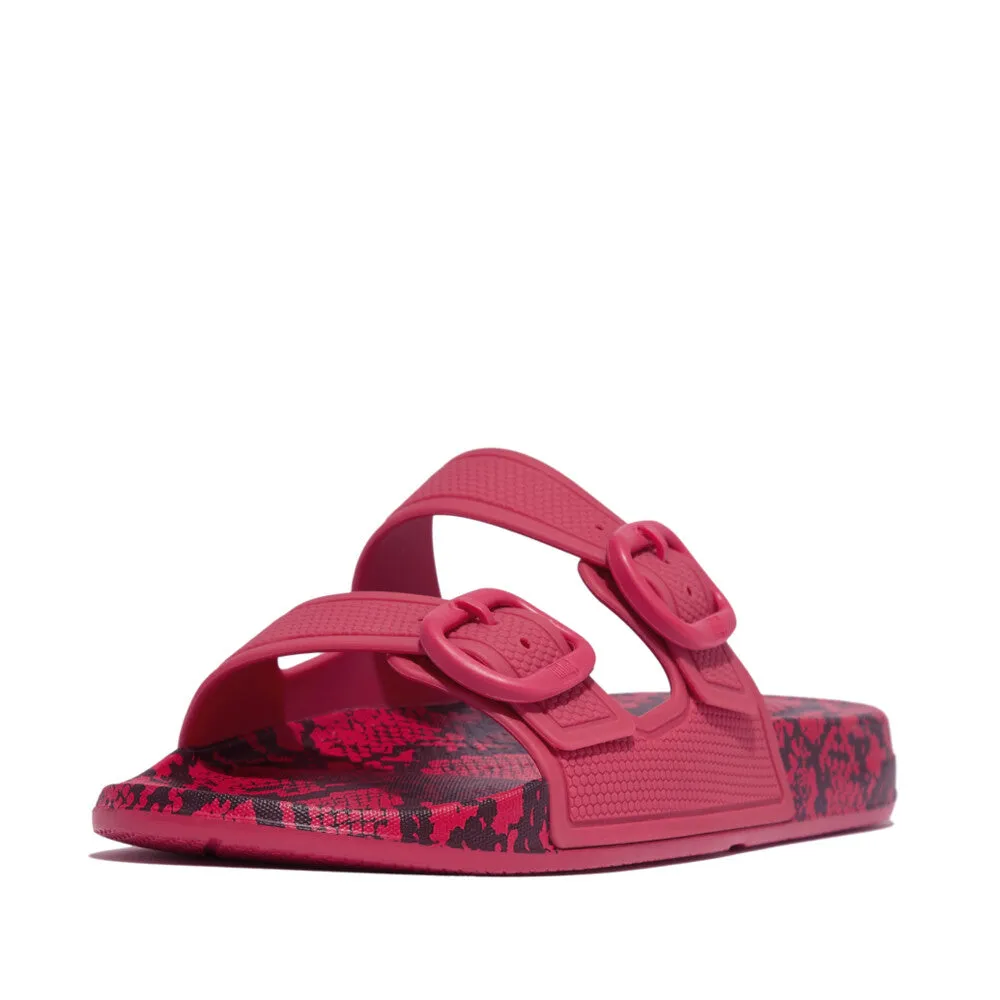 Fitflop iQushion Snake Print Two Bar Buckle Slides Wild Raspberry