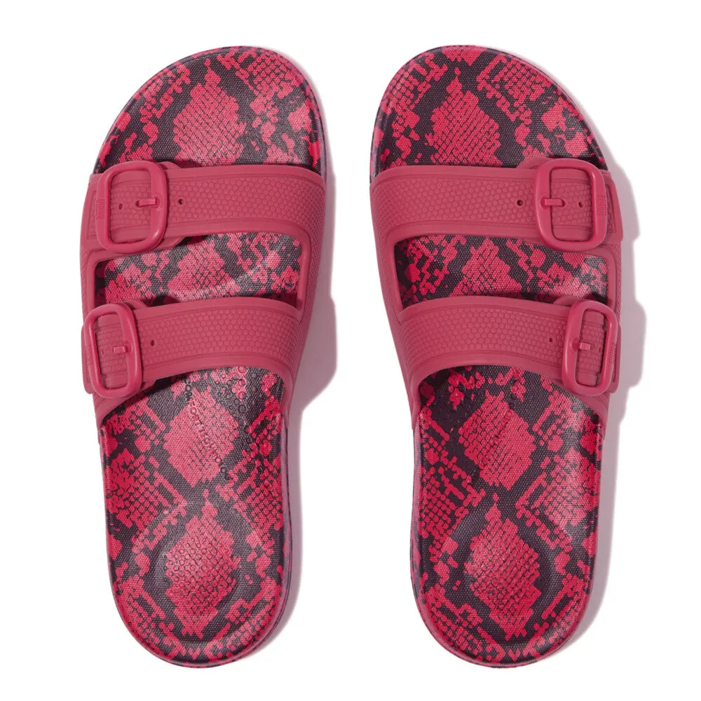 Fitflop iQushion Snake Print Two Bar Buckle Slides Wild Raspberry