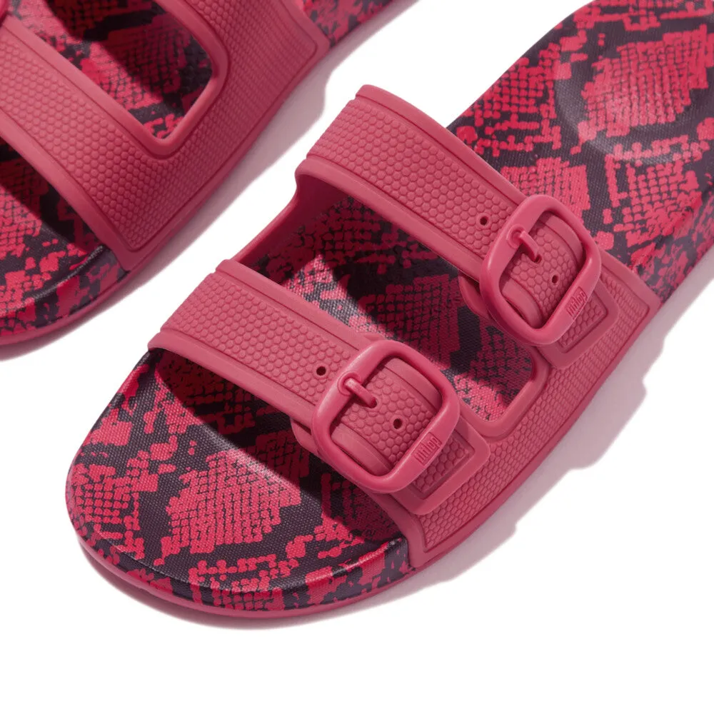 Fitflop iQushion Snake Print Two Bar Buckle Slides Wild Raspberry