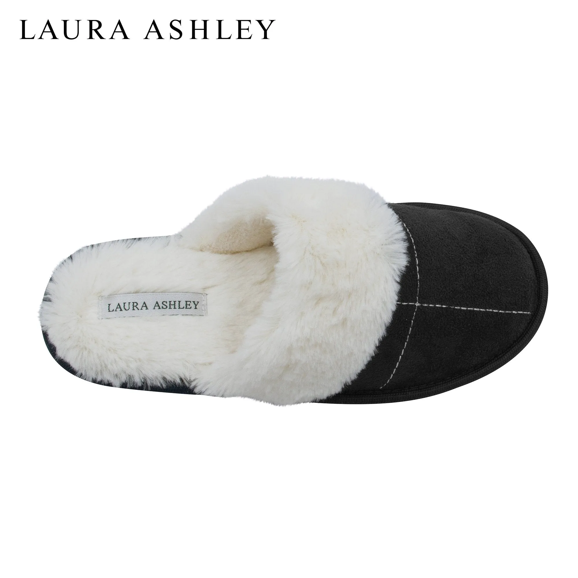 Laura Ashley Ladies Micro Suede Scuff Slipper with Plush Collar, Black, S