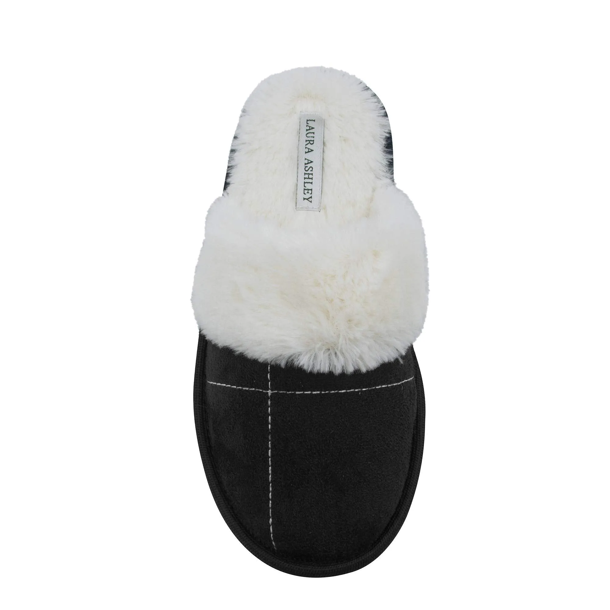 Laura Ashley Ladies Micro Suede Scuff Slipper with Plush Collar, Black, S