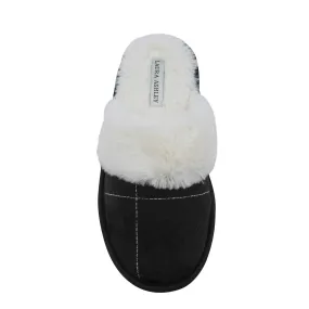 Laura Ashley Ladies Micro Suede Scuff Slipper with Plush Collar, Black, S