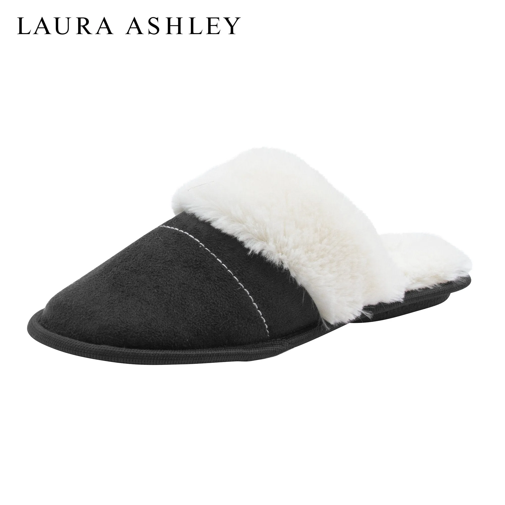 Laura Ashley Ladies Micro Suede Scuff Slipper with Plush Collar, Black, S