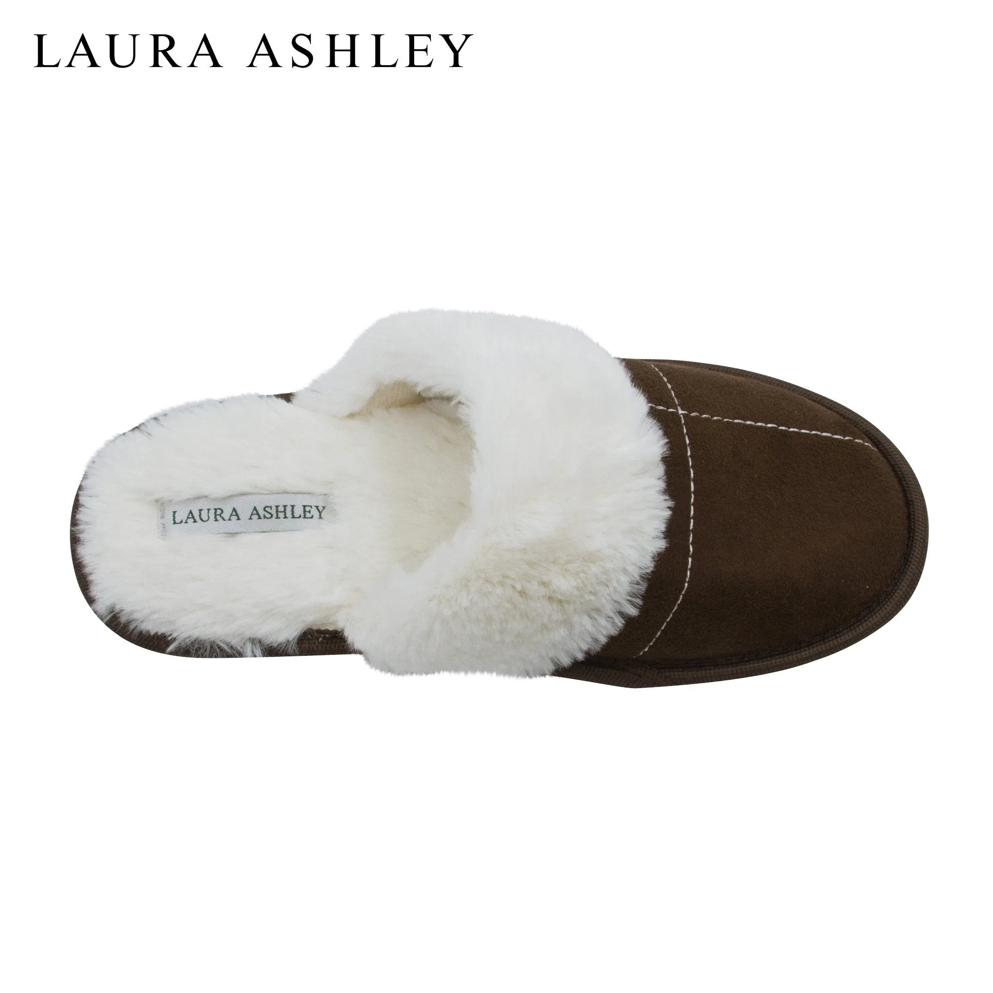 Laura Ashley Ladies Micro Suede Scuff Slipper with Plush Collar, Brown, L