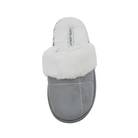 Laura Ashley Ladies Micro Suede Scuff Slipper with Plush Collar, Light Grey, L