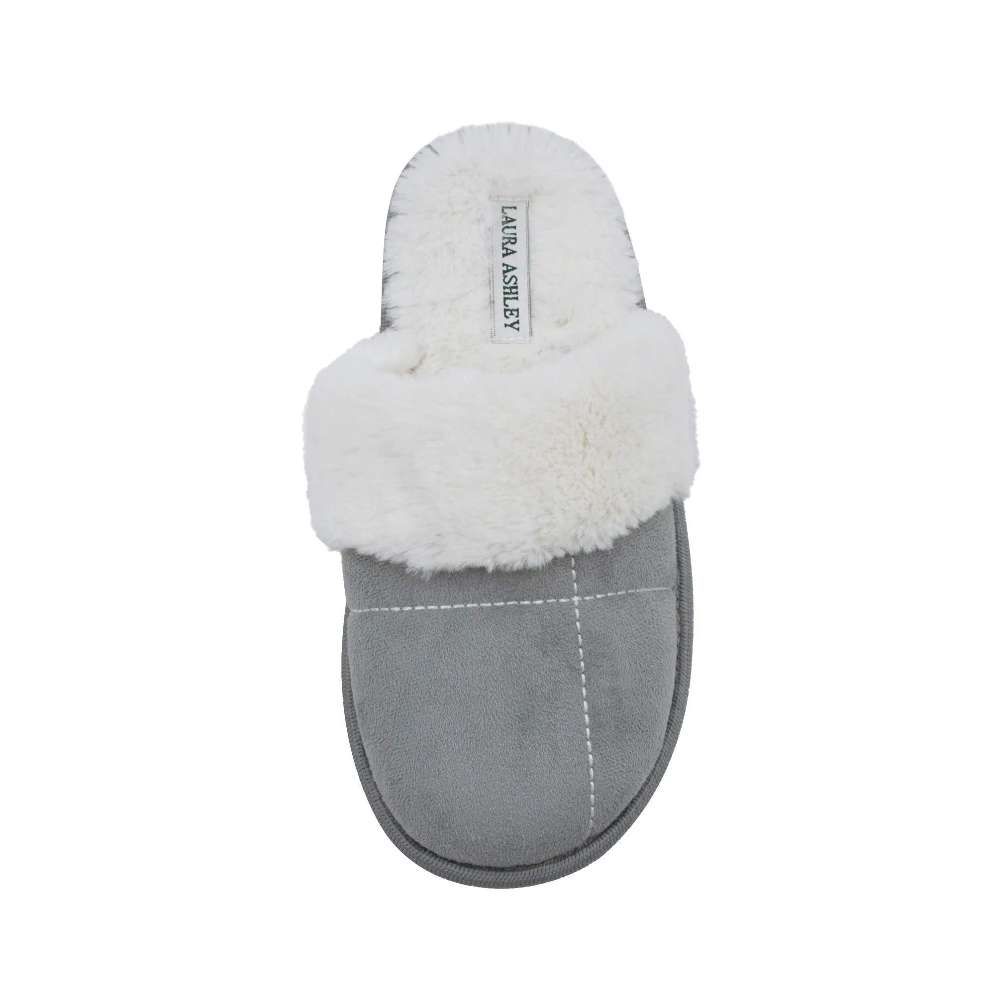 Laura Ashley Ladies Micro Suede Scuff Slipper with Plush Collar, Light Grey, L