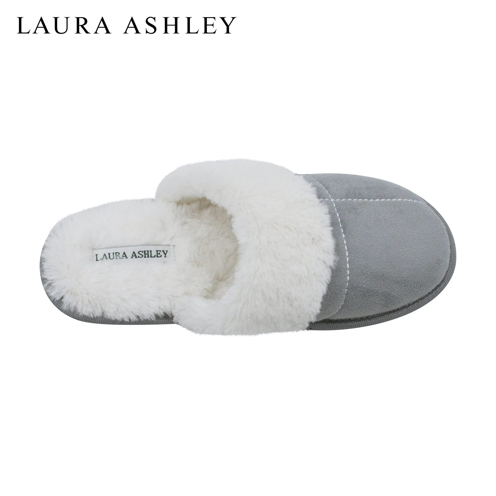 Laura Ashley Ladies Micro Suede Scuff Slipper with Plush Collar, Light Grey, L