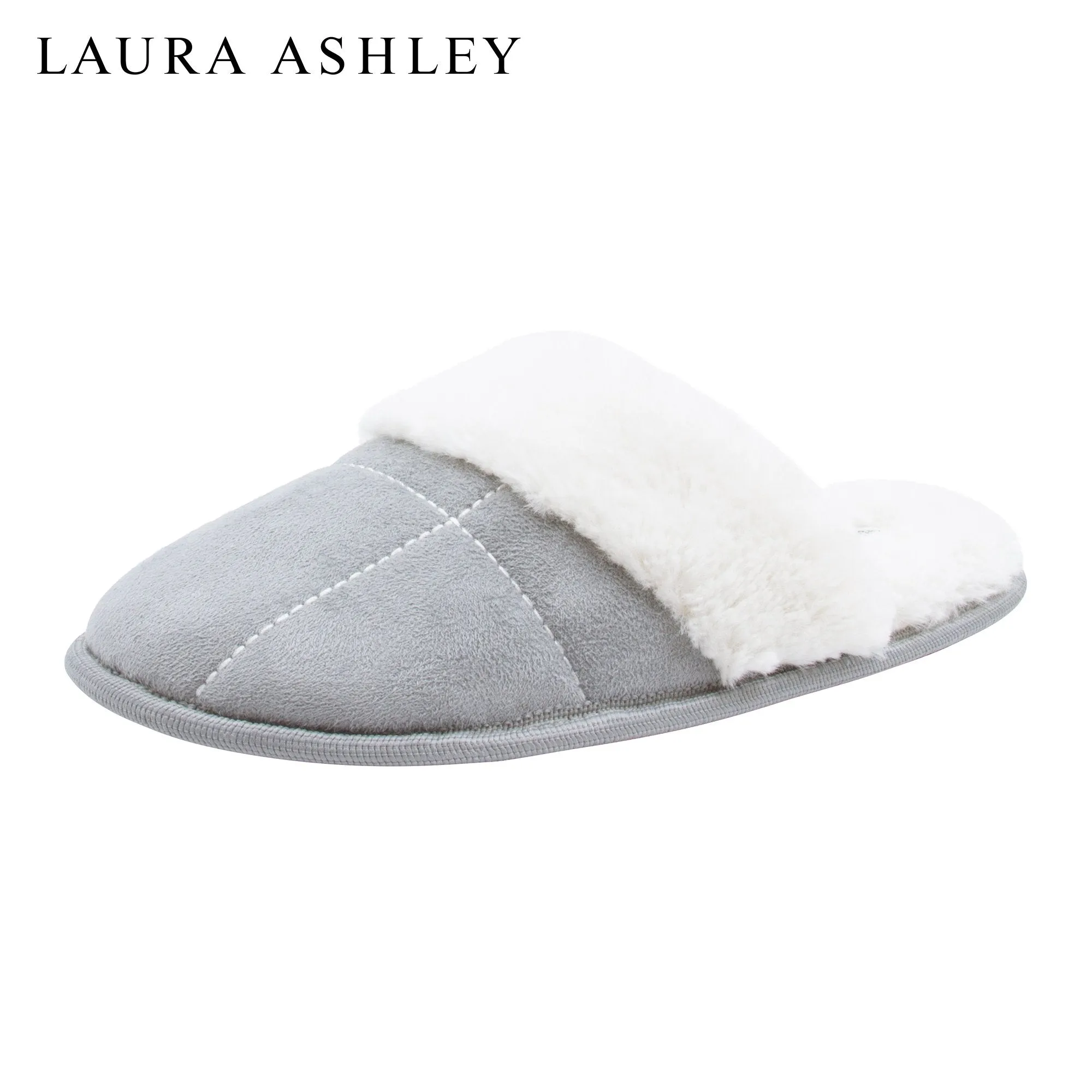 Laura Ashley Ladies Micro Suede Scuff Slipper with Plush Collar, Light Grey, L