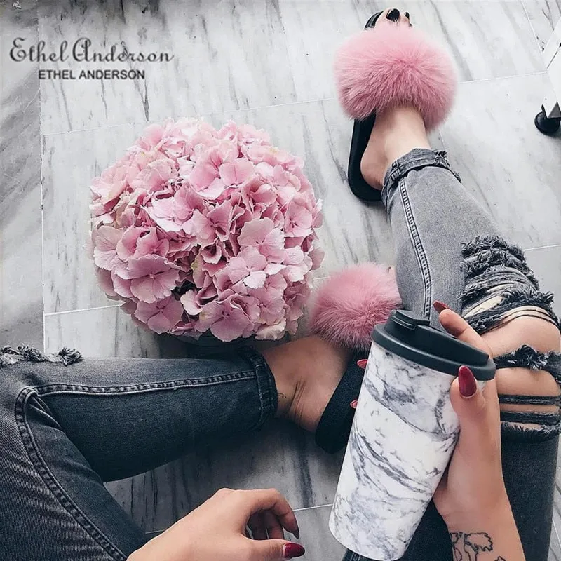 Real FOX Fur Slides Indoor Flip Flops