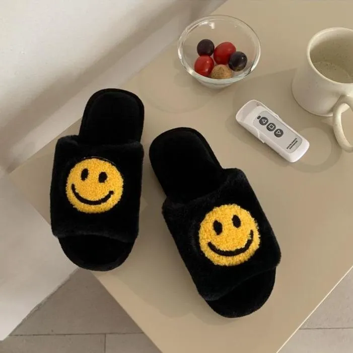 Round Smile Open-toe Plush Slippers