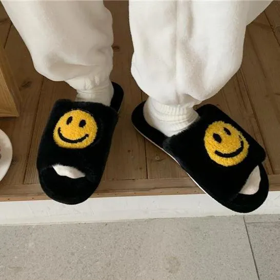 Round Smile Open-toe Plush Slippers