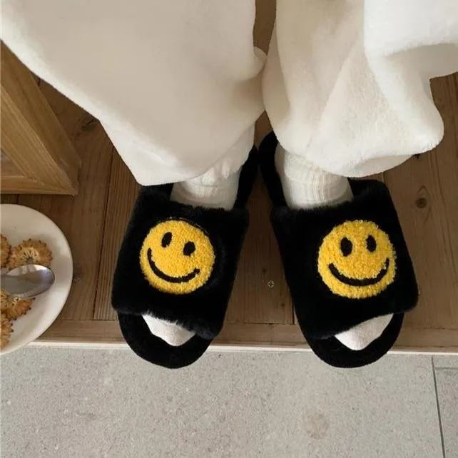 Round Smile Open-toe Plush Slippers