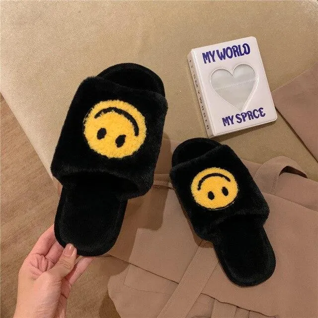 Round Smile Open-toe Plush Slippers