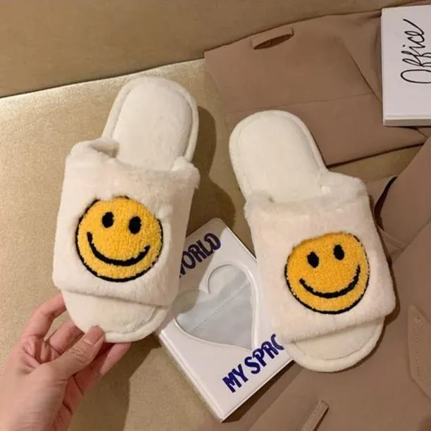Round Smile Open-toe Plush Slippers