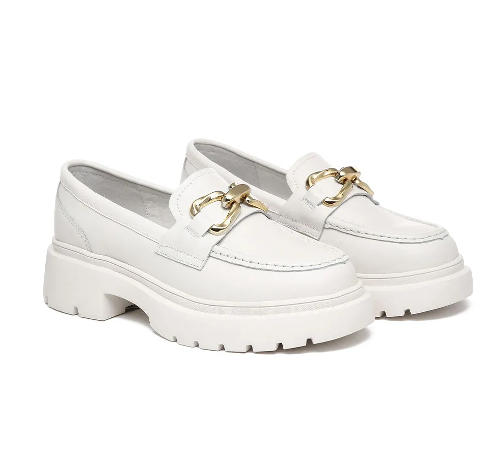 Women Leather Gold Buckle Platform Chunky Loafers Della
